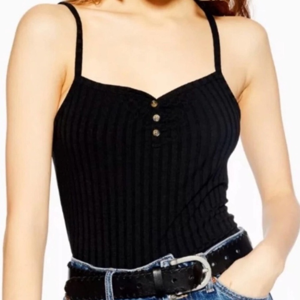 Topshop Black Ribbed Button Cami Crop Top 6